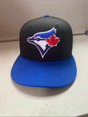 MLB Toronto Blue Jays Black and Royal Blue Fitted Cap with Red Maple Leaf Logo